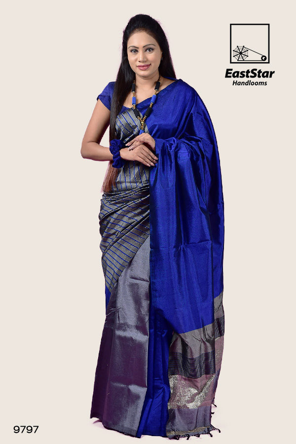 Blue color saree with ash mixed for wedding, handloom silk, soft silk saree price