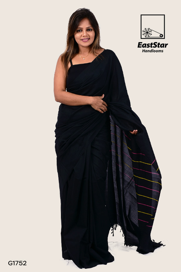 G1752-Black-glossy-cotton-saree-handloom Mate black Handloom glossy cotton saree, simple saree, saree for wedding