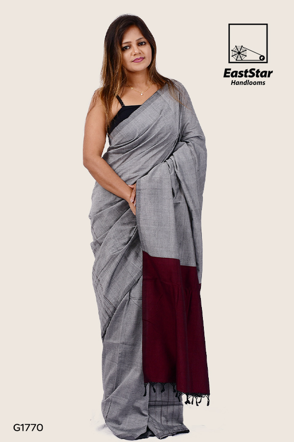 G1770-Ash-color-handloom-cotton-saree-handloom Ash color handwoven cotton saree with maroon design, party wear