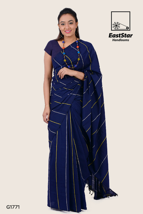 G1771-Navy-blue-handloom-glossy-cotton-saree Navy blue handwoven saree, glossy cotton, linear design, modern saree, saree for wedding, simple saree