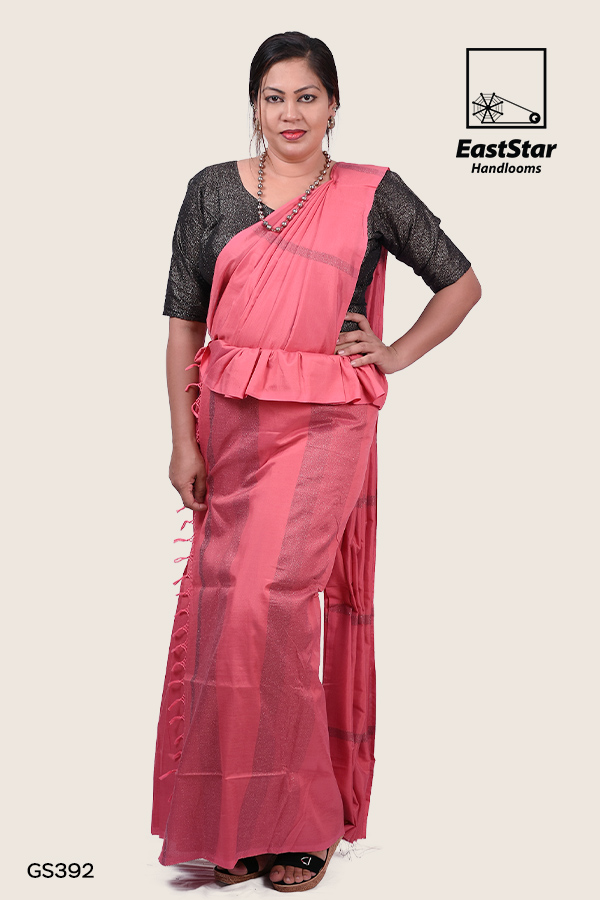 GS392_1-handloom silk cotton peach color saree, osariya, Kandyan handloom silk cotton peach color saree, osariya, Kandyan