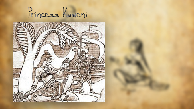 princess kuweni weaving while prince vijaya arrives at tammanna, Sri Lanka
