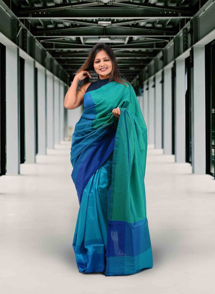 green and blue handloom silk saree for modern working woman