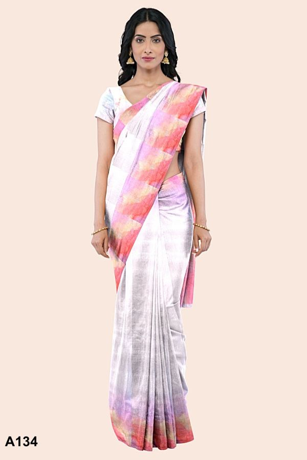 White Floral Indian Silk Saree A134