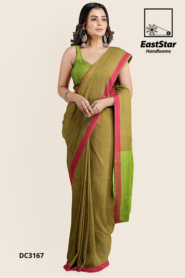 Greenish Red Handloom Cotton Saree DC3167