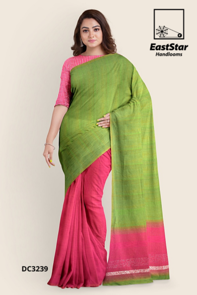 Pink Green Handloom Cotton Saree DC3239