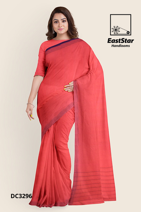 Coral Red Handloom Cotton Saree DC3296 Coral Red Handloom Cotton Saree DC3296