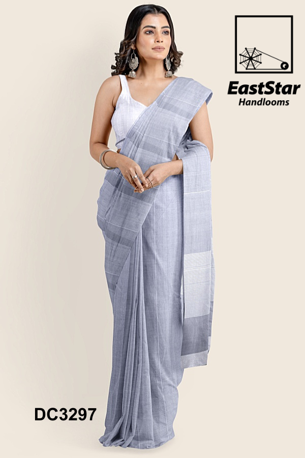 Light Grey Handloom Cotton Saree DC3297