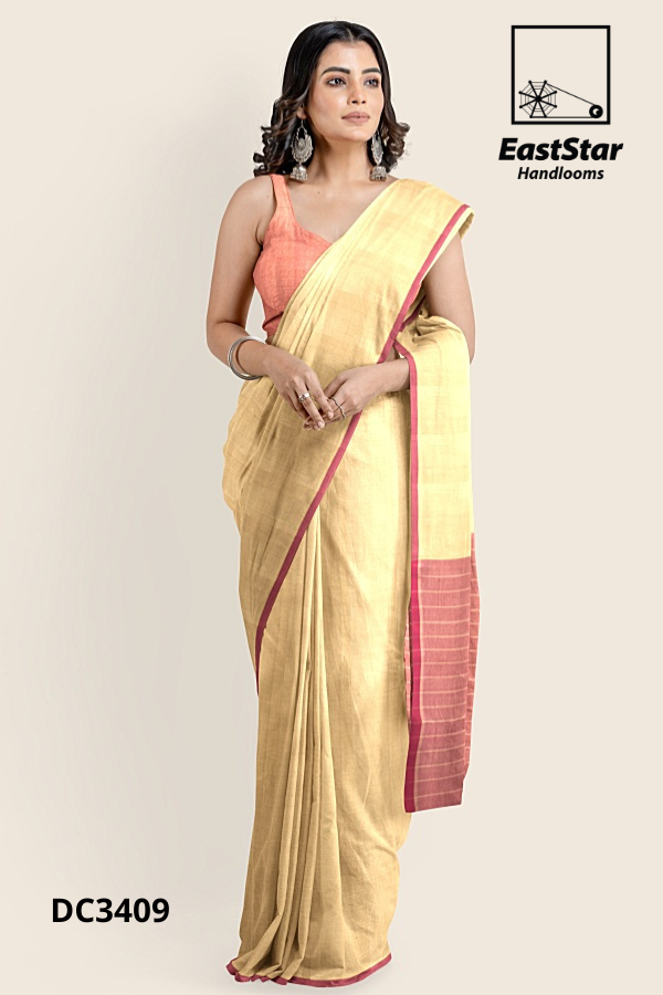 Light Mustard Cream Handloom Cotton Saree DC3409
