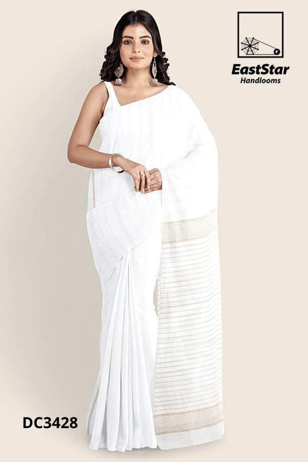White Handloom Cotton Saree DC3428