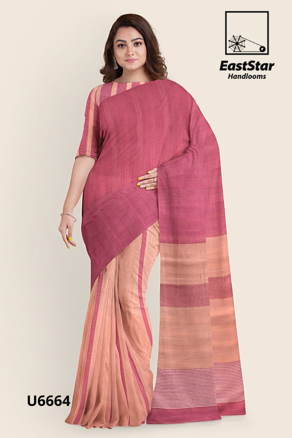 Peach Rose Pink Handloom Cotton Saree U6664 Peach Rose Pink Handloom Cotton Saree U6664