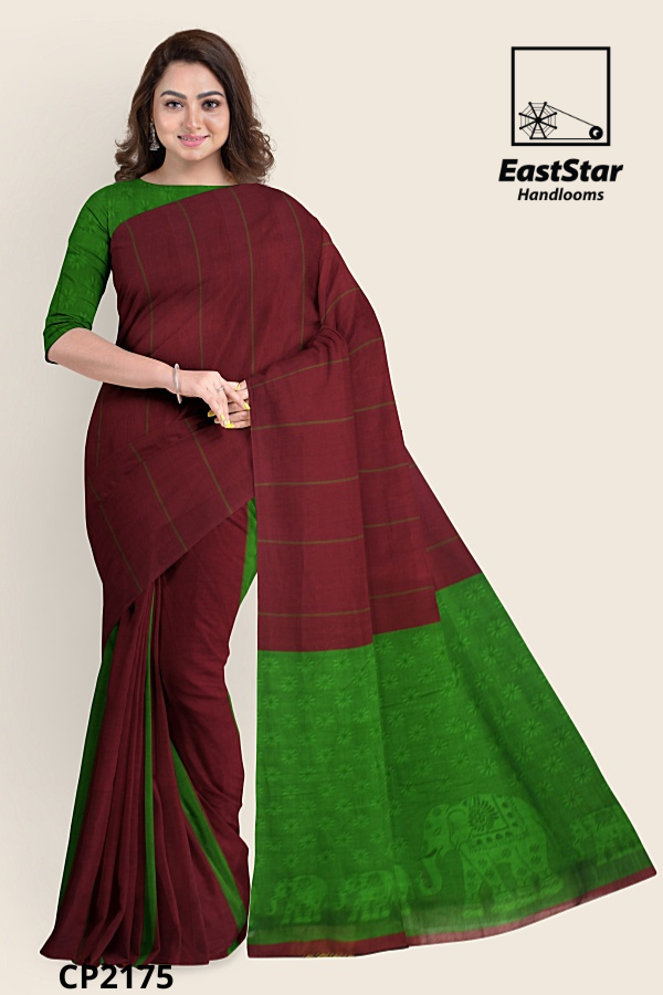 Maroon Green Handloom Premium Jacquard Cotton Saree CP2175