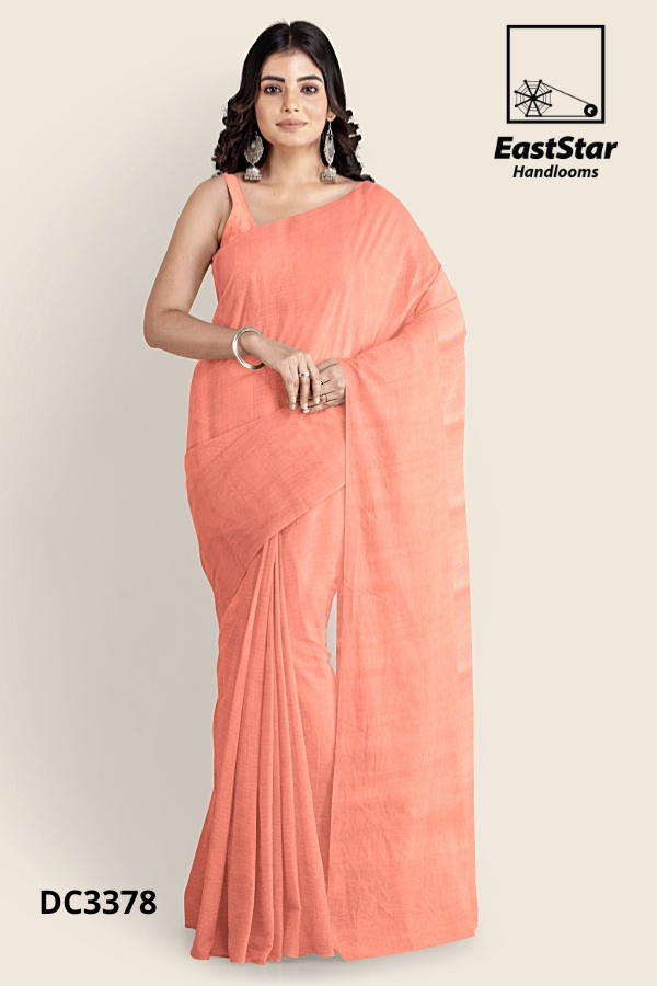 Solid Peach Handloom Cotton Saree DC3378