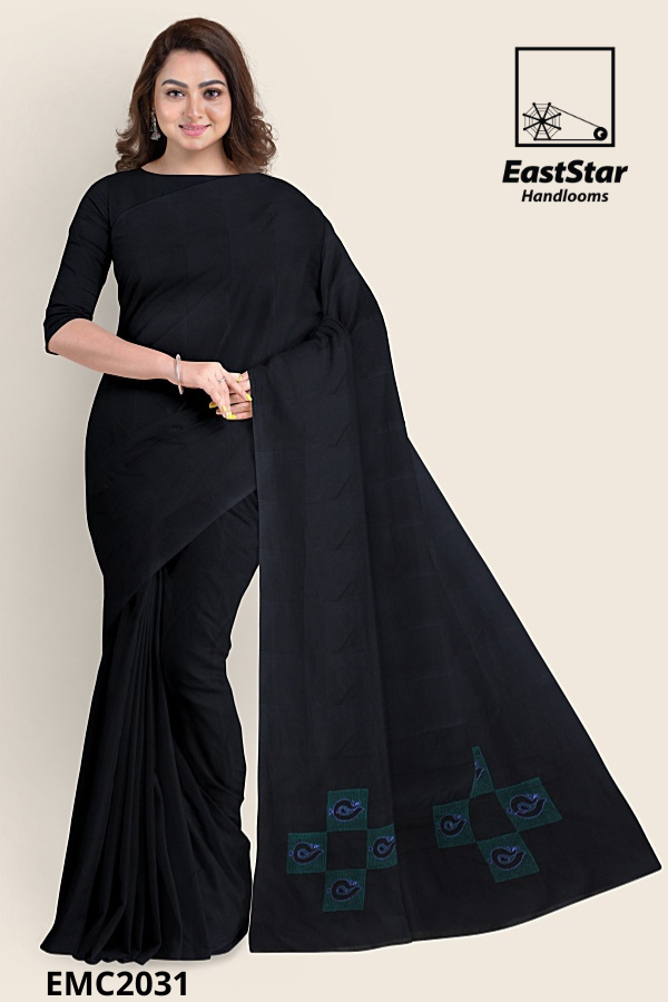 Black Handloom Embroidery Cotton Saree EMC2031