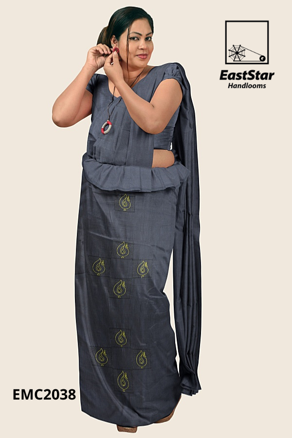 Charcoal Grey Handloom Embroidery Cotton Saree EMC2038