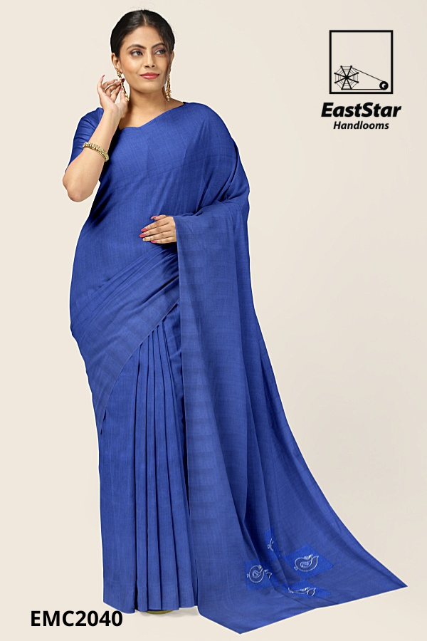 Regal Royal Blue Handloom Embroidery Cotton Saree EMC2040