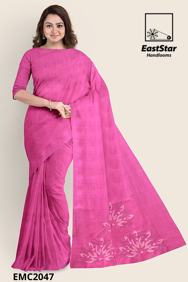 Bright Pink Handloom Embroidery Cotton Saree EMC2047