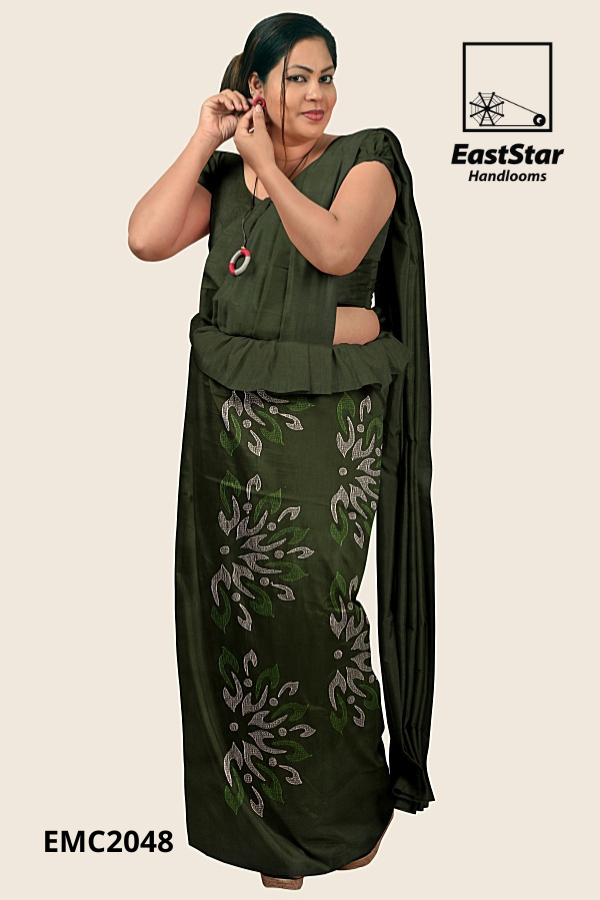 Olive Green Handloom Embroidery Cotton Saree EMC2048