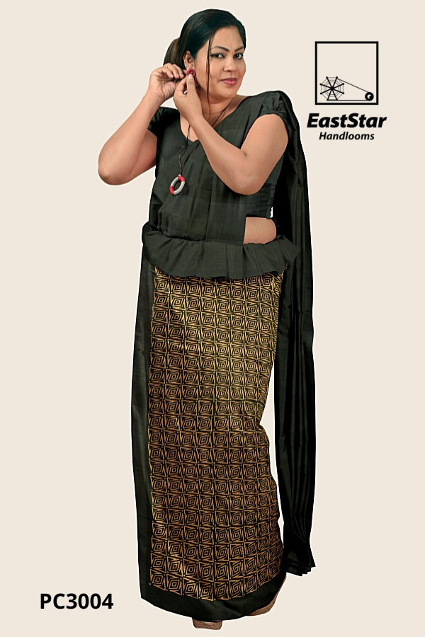 Dark Olive Green Handloom Printed Cotton Saree PC3004