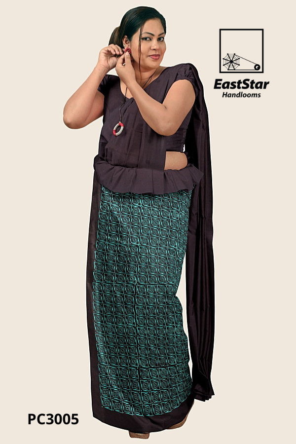 Dark Brown Handloom Printed Cotton Saree PC3005