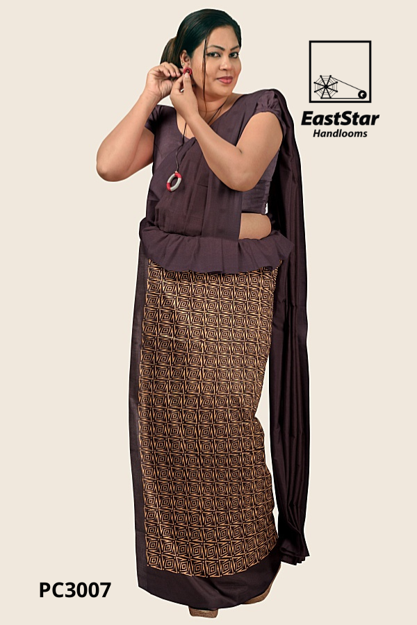Dark Brown Handloom Printed Cotton Saree PC3007