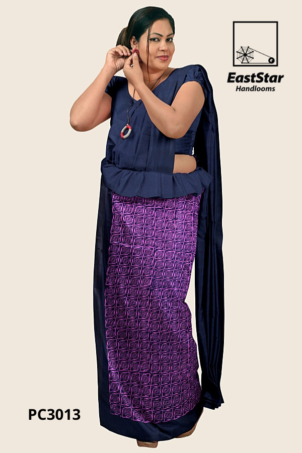 Navy Blue Handloom Printed Cotton Saree PC3013