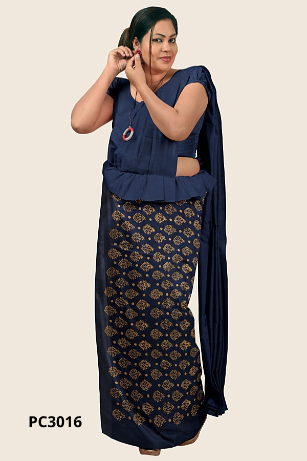 Navy Blue Handloom Printed Cotton Saree PC3016
