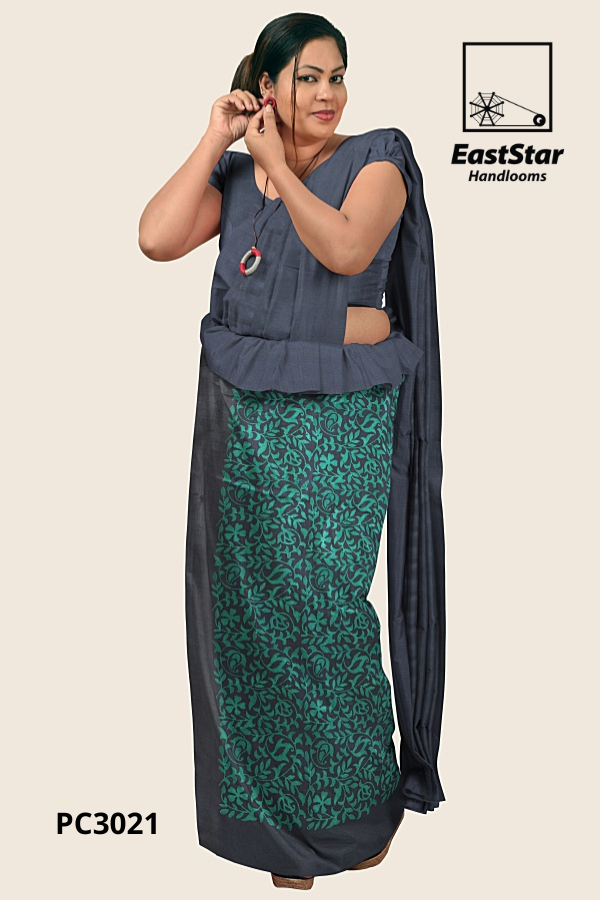 Dark Grey Handloom Printed Cotton Saree PC3021