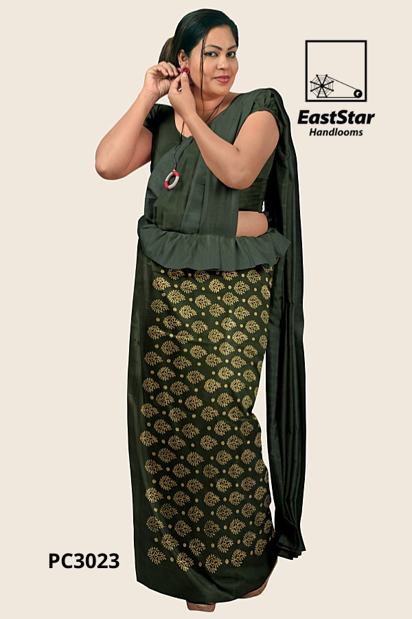 Olive Green Handloom Printed Cotton Saree PC3023