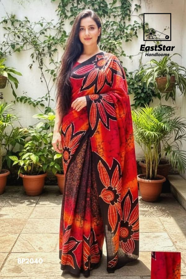 Orange Red Floral Batik Saree BP2040
