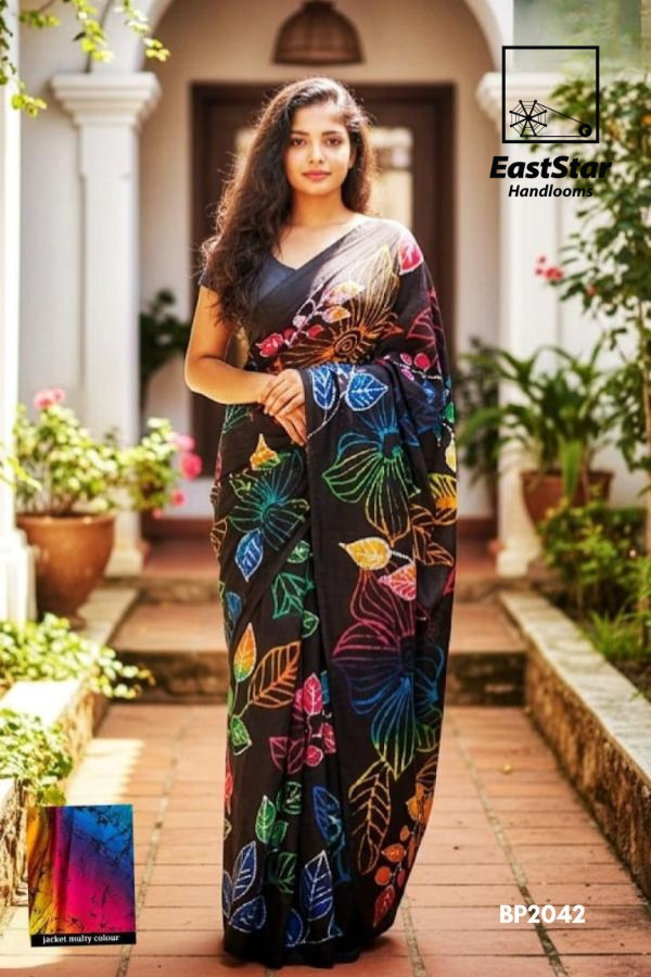 Black Multicolor Leaf Batik Saree BP2042
