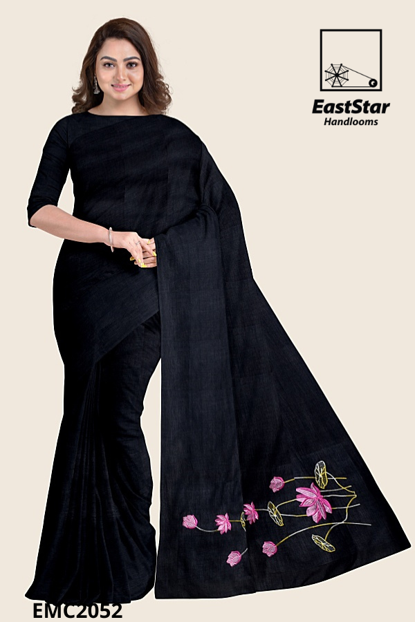 Black Handloom Embroidery Cotton Saree EMC2052