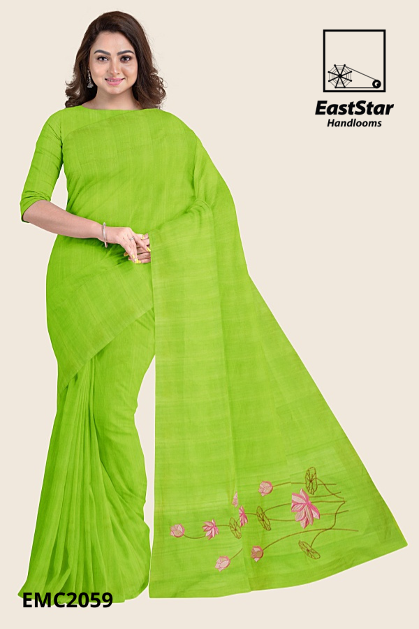 Lime Green Handloom Embroidery Cotton Saree EMC2059