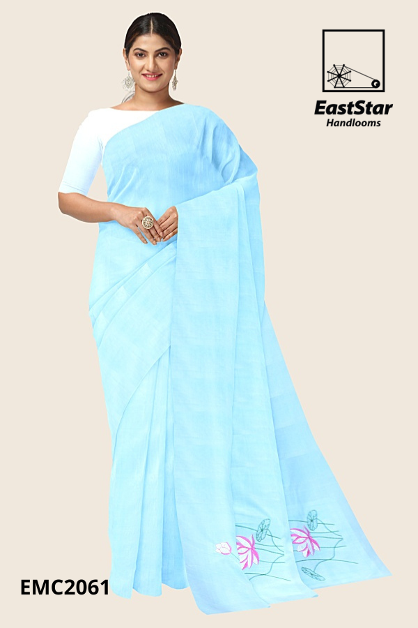 Sky Blue Handloom Embroidery Cotton Saree EMC2061