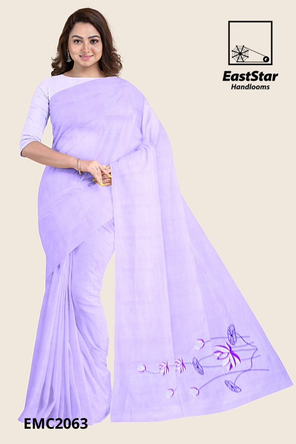 Light Lavender Handloom Embroidery Cotton Saree EMC2063