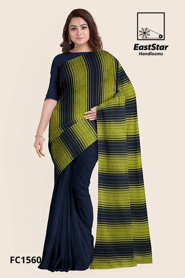 Black Green Handloom Cotton Saree FC1560