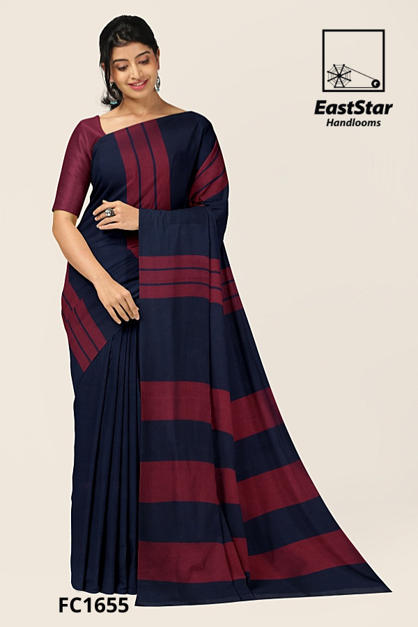 Navy Blue Maroon Handloom Cotton Saree FC1655