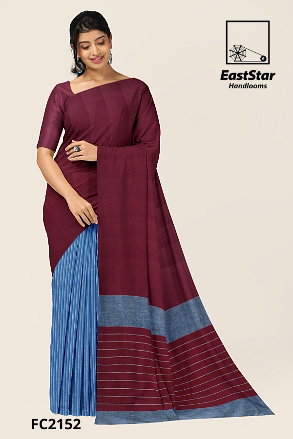 Maroon Blue Handloom Cotton Saree FC2152