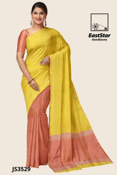 Bright Yellow Peach Handloom Silk Saree JS3529