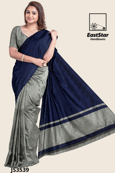 Silver Grey Navy Blue Handloom Silk Saree JS3539