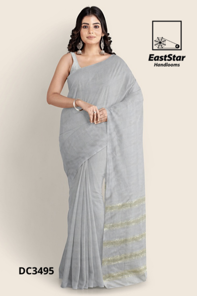 Light Grey Handloom Cotton Saree DC3495