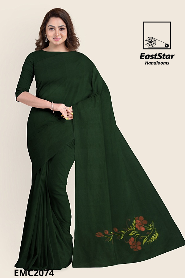 Forest Green Handloom Embroidery Cotton Saree EMC2074 Forest Green Handloom Embroidery Cotton Saree EMC2074