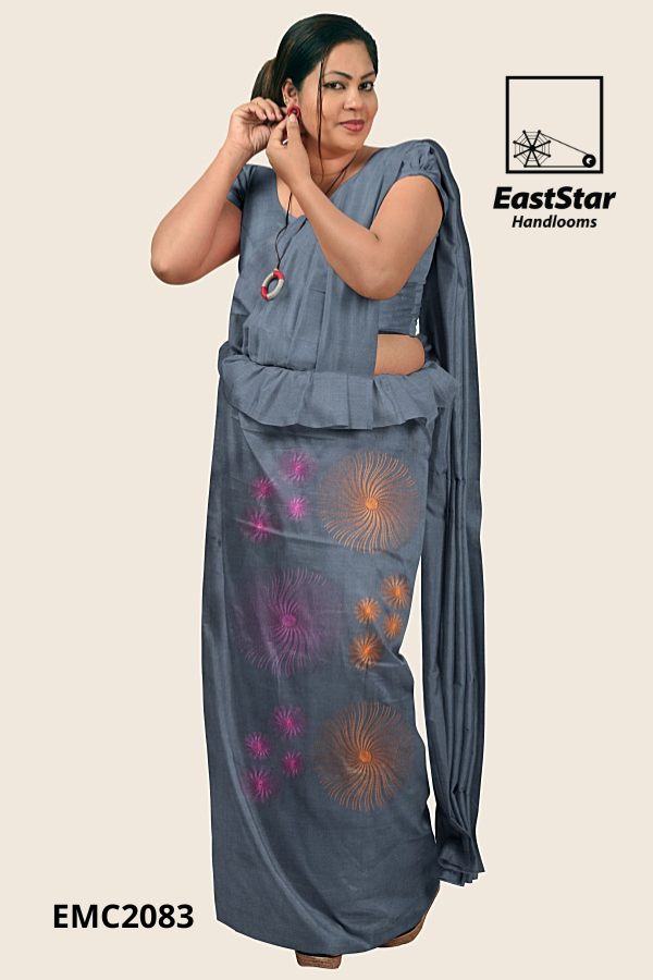 Slate Grey Handloom Embroidery Cotton Saree EMC2083