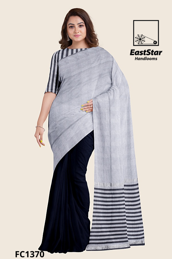 Black Grey Handloom Cotton Saree FC1370