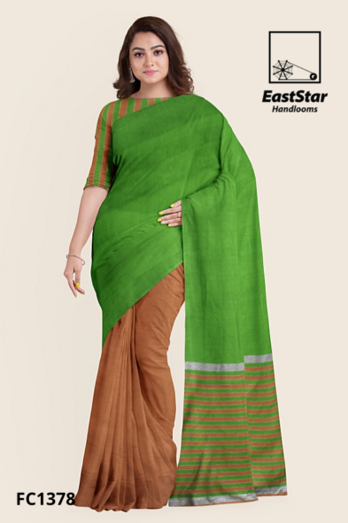 Green Brown Handloom Cotton Saree FC1378