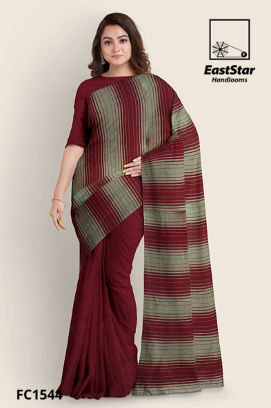 Maroon Olive Grey Handloom Cotton Saree FC1544