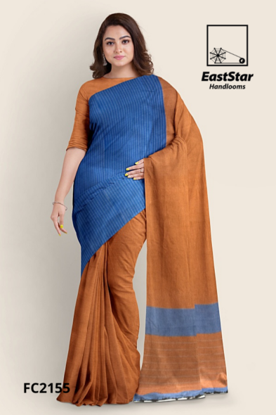 Rust Brown Blue Handloom Cotton Saree FC2155