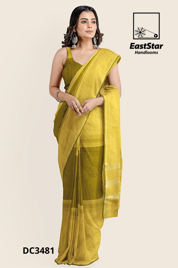 mustard yellow  &  Mustard olive Handloom Cotton Saree DC3481