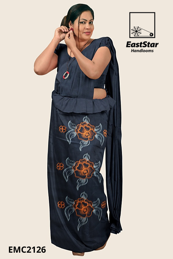 Navy blue Handloom Embroidery Cotton Saree EMC2126