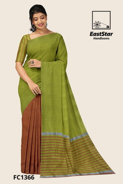 Olive Green-Rust Brown Handloom Cotton Saree FC1366